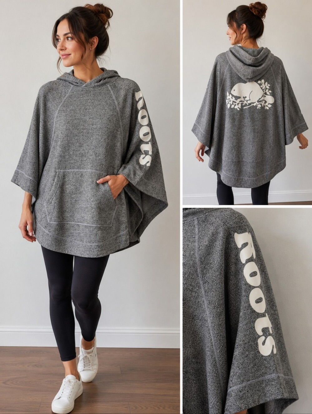 Roots Gray Poncho Hoodie Cape Sweatshirt One Size Fleece Lined Logo Graphic
